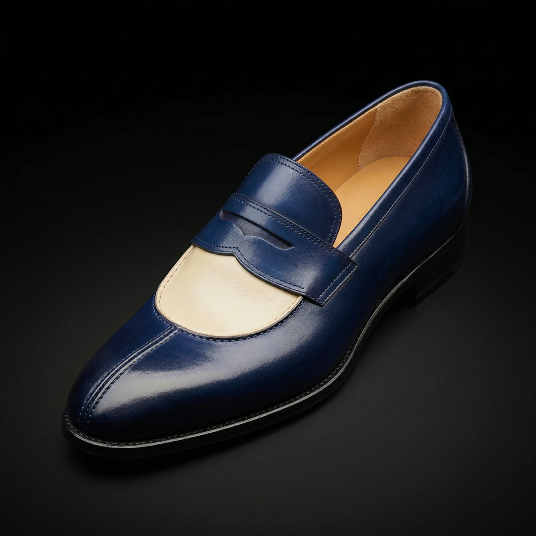 Men's Blue & Beige Patina Leather Moccasin Loafers