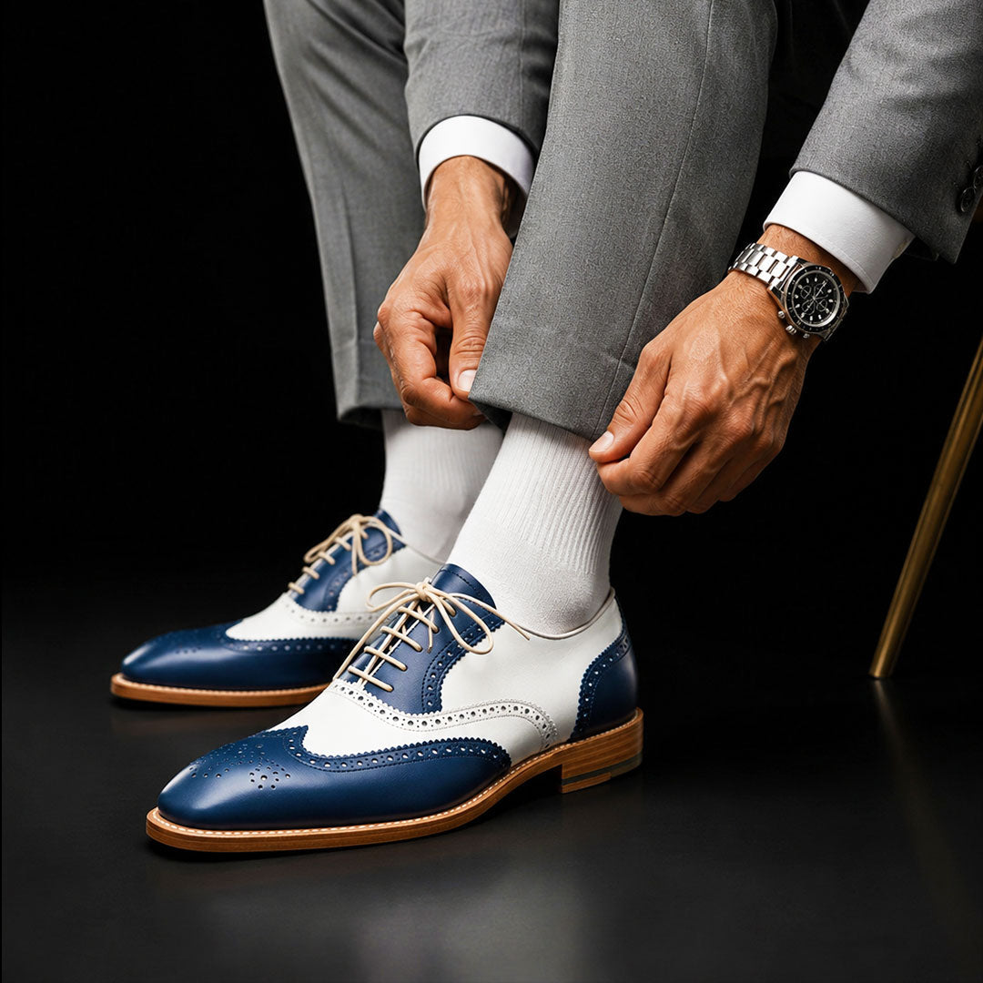Men's Blue & White Leather Oxford Spectator Shoes