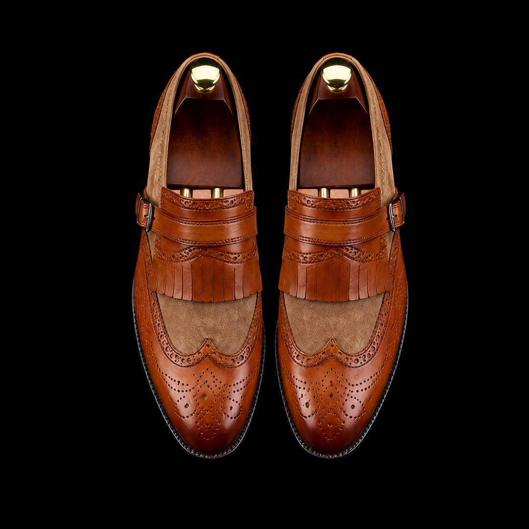 Men's Brown Brogue Wingtip Monk Shoes