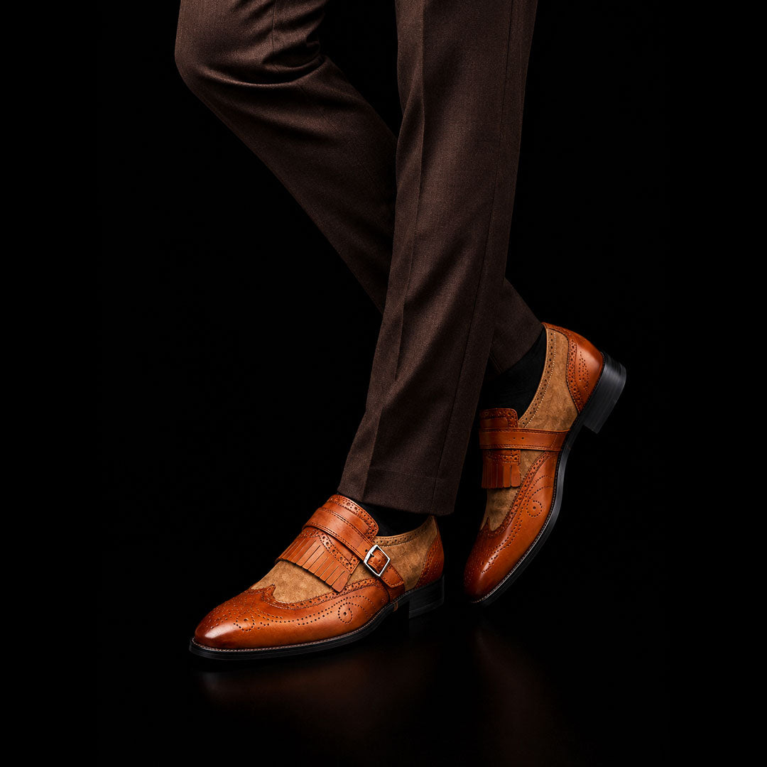 Men's Brown Brogue Wingtip Monk Shoes