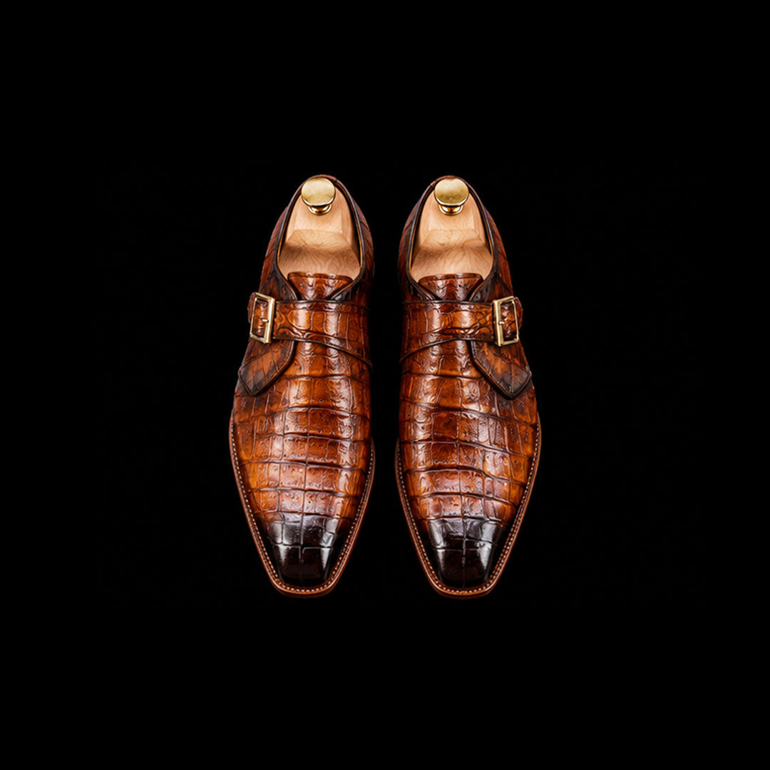 Men's Brown Crocodile Texture Leather Monk Shoes