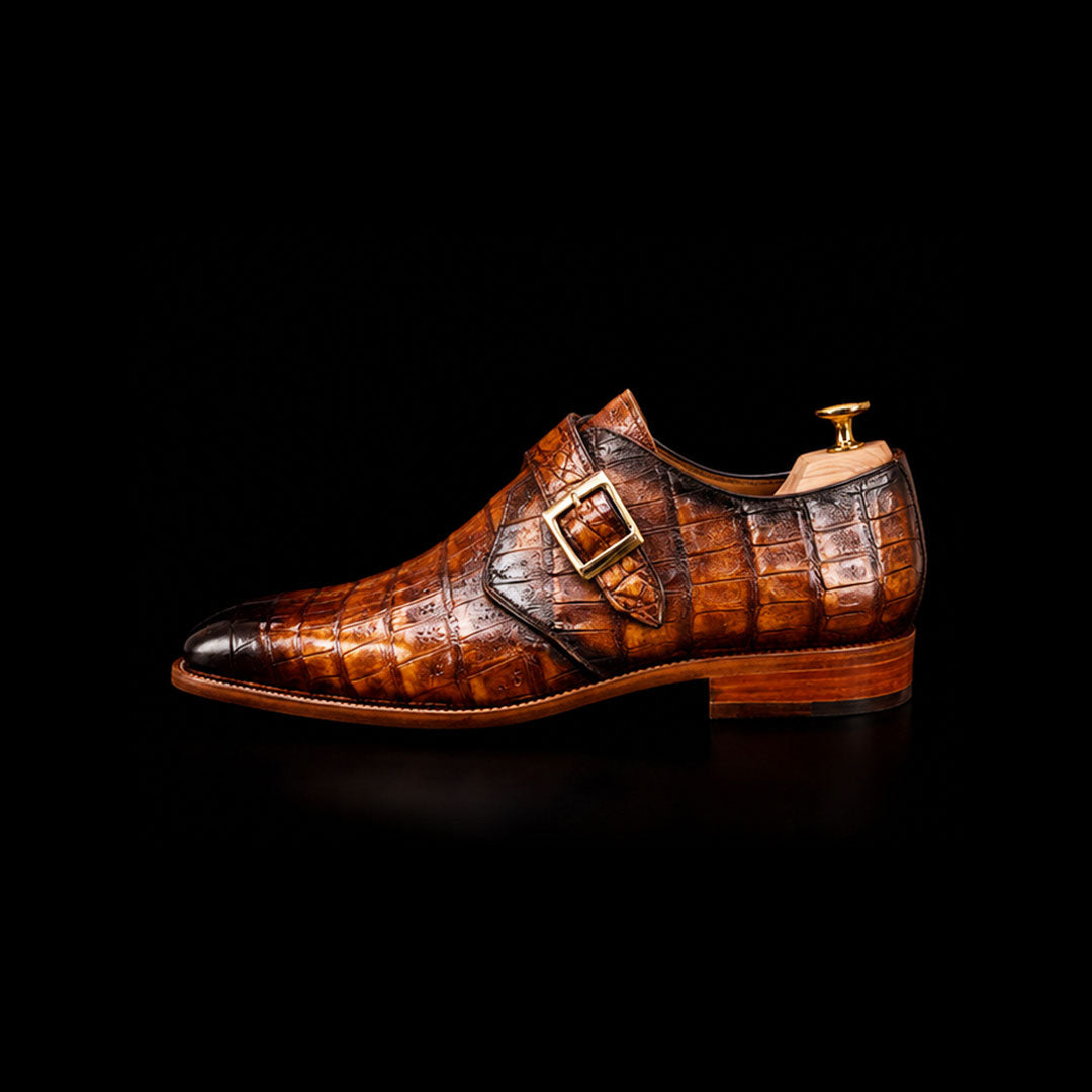Men's Brown Crocodile Texture Leather Monk Shoes
