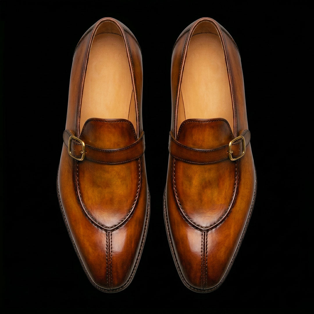 Men's Brown Patina Leather Monk Buckle Loafers