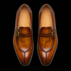 Men's Brown Patina Leather Monk Buckle Loafers