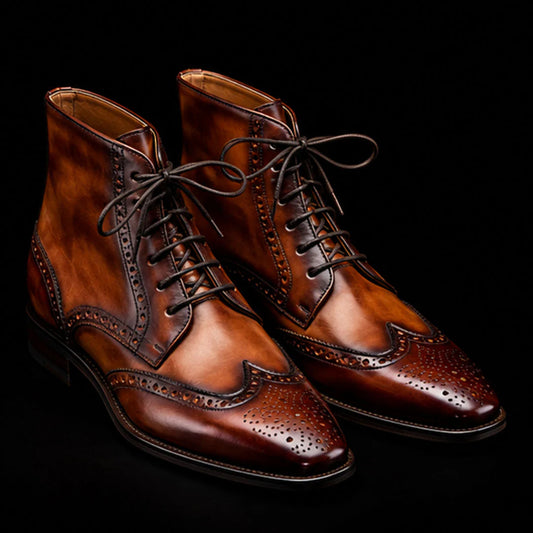 Men's Brown Patina Leather Ankle High Wingtip Boots