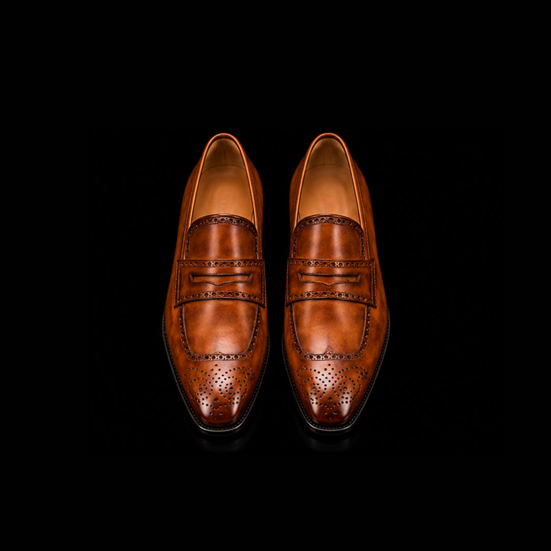 Men's Brown Patina Leather Brogue Penny Loafers