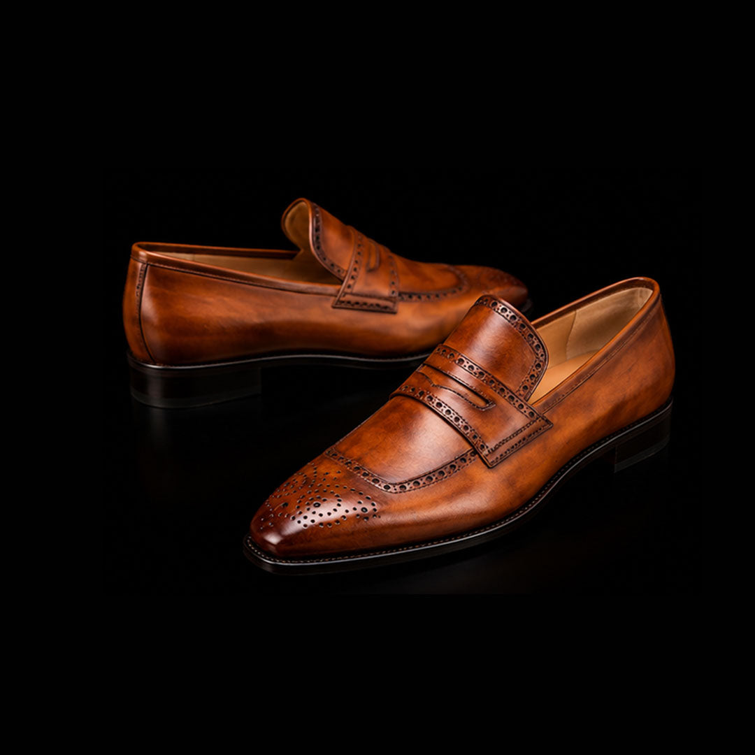 Men's Brown Patina Leather Brogue Penny Loafers