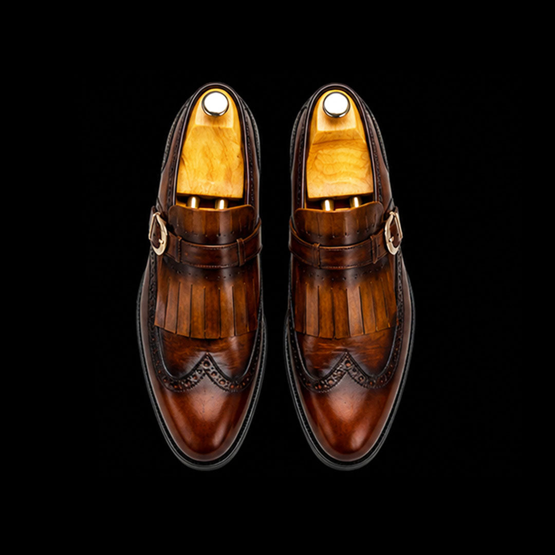 Men's Brown Patina Leather Fringed Wingtip Shoes