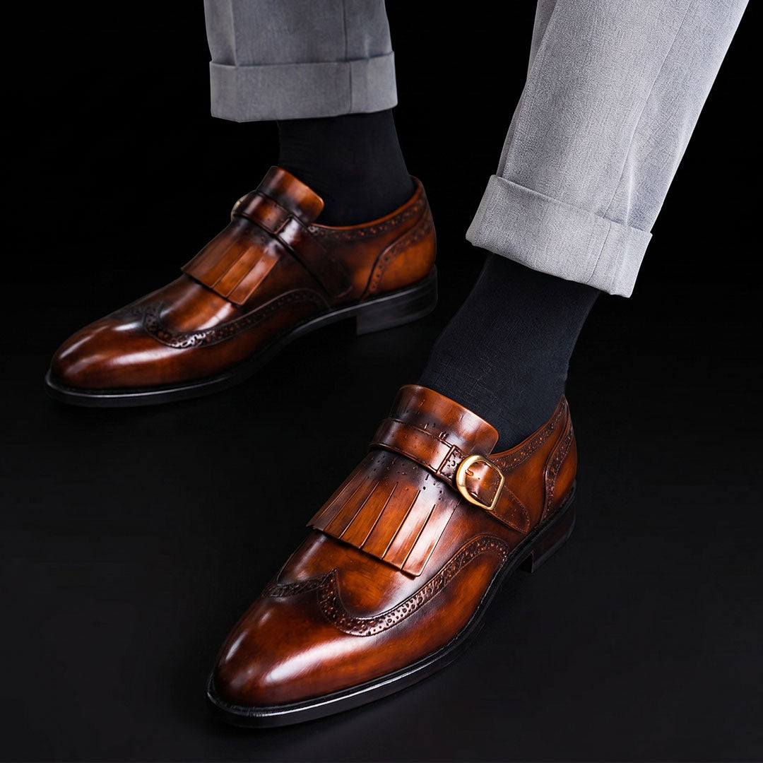 Men's Brown Patina Leather Fringed Wingtip Shoes