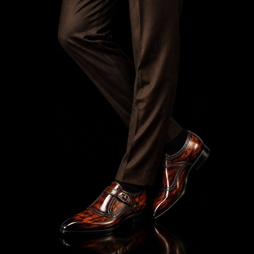 Men's Brown Patina Leather Monk Style Derby Shoes