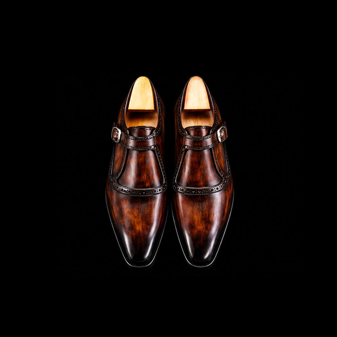 Men's Brown Patina Leather Monk Style Derby Shoes