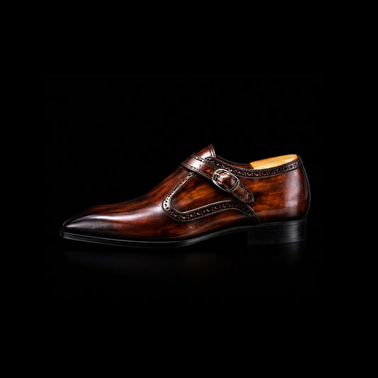 Men's Brown Patina Leather Monk Style Derby Shoes
