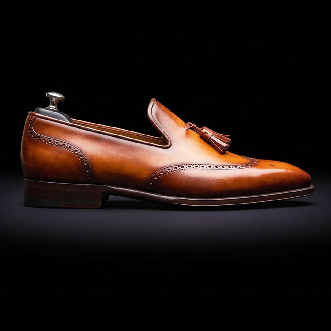 Men's Brown Patina Leather Wingtip Oxford Tassel Loafers
