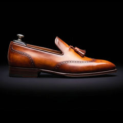 Men's Brown Patina Leather Wingtip Oxford Tassel Loafers