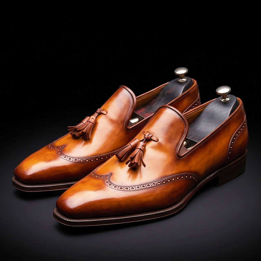 Men's Brown Patina Leather Wingtip Oxford Tassel Loafers