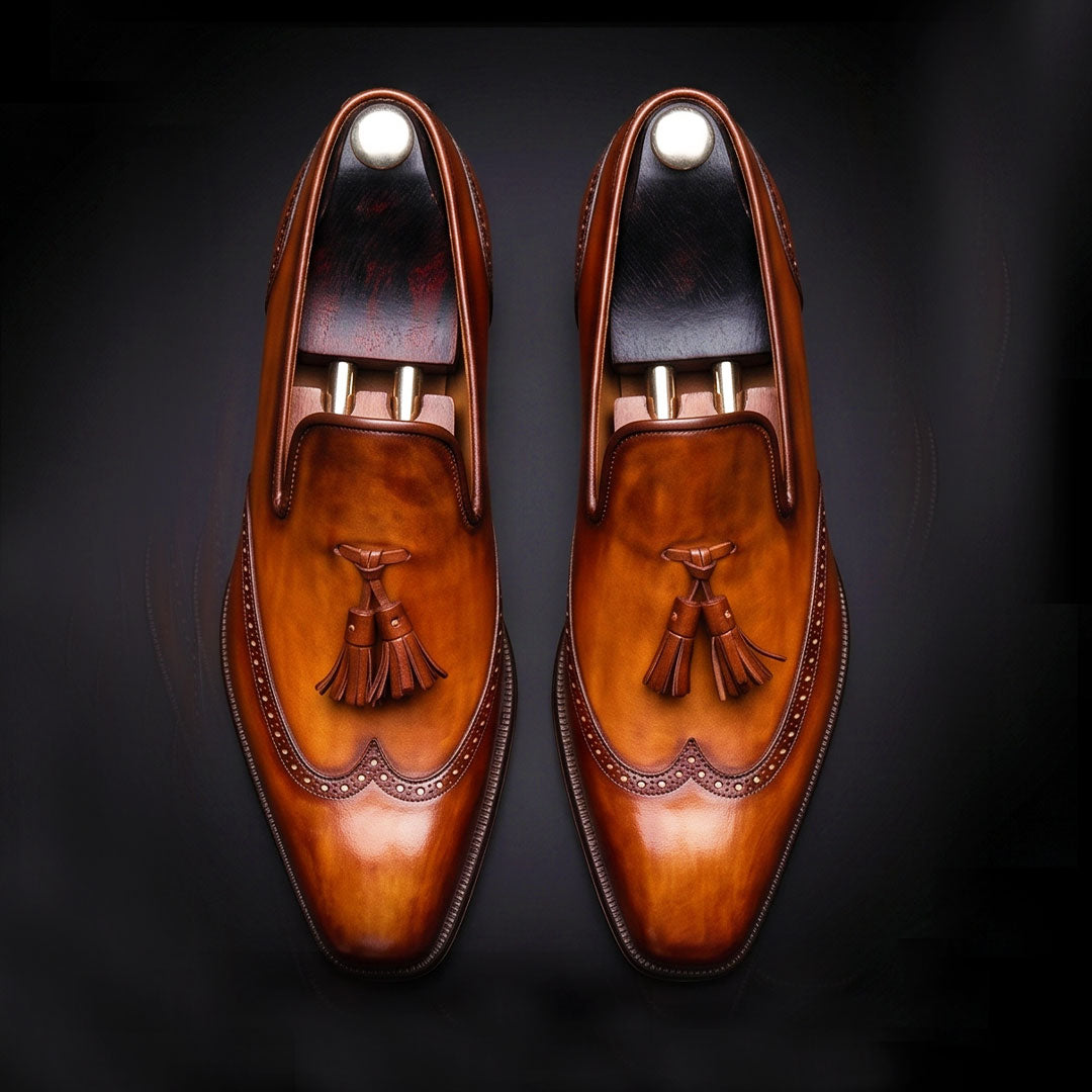 Men's Brown Patina Leather Wingtip Oxford Tassel Loafers