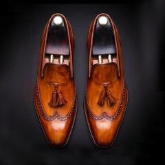 Men's Brown Patina Leather Wingtip Oxford Tassel Loafers