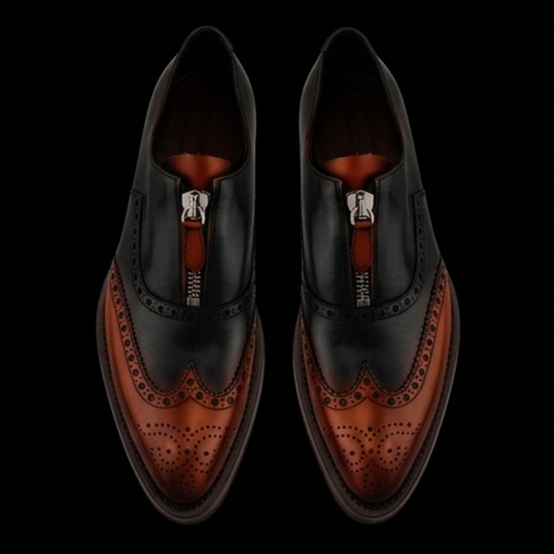 Men's Brown & Black Leather Wingtip Zipper Shoes