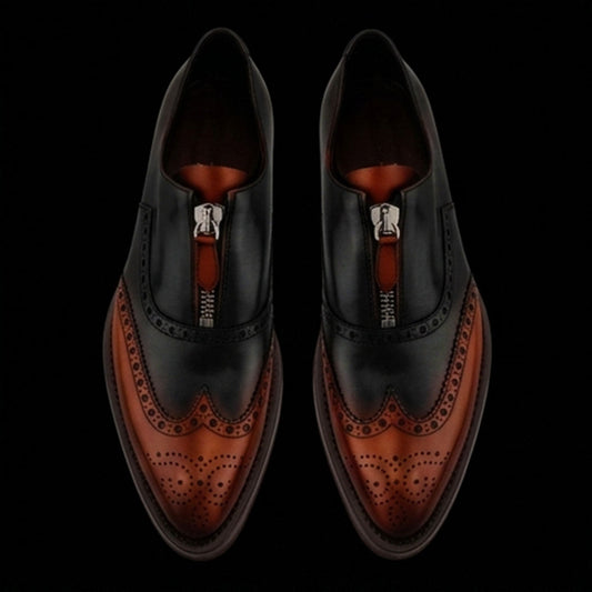 Men's Brown & Black Leather Wingtip Zipper Shoes
