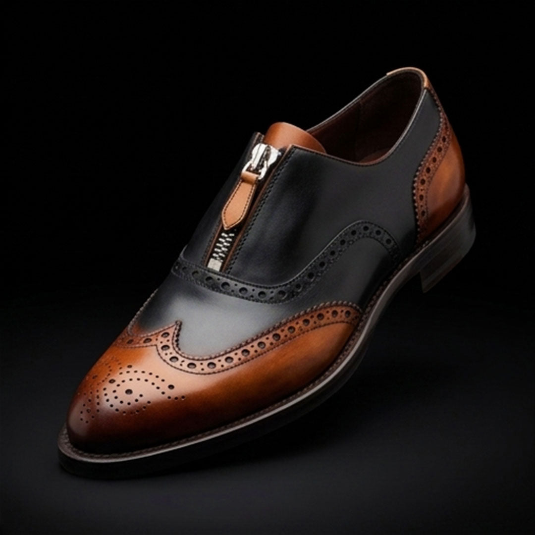 Men's Brown & Black Leather Wingtip Zipper Shoes
