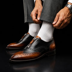 Men's Brown & Black Leather Wingtip Zipper Shoes