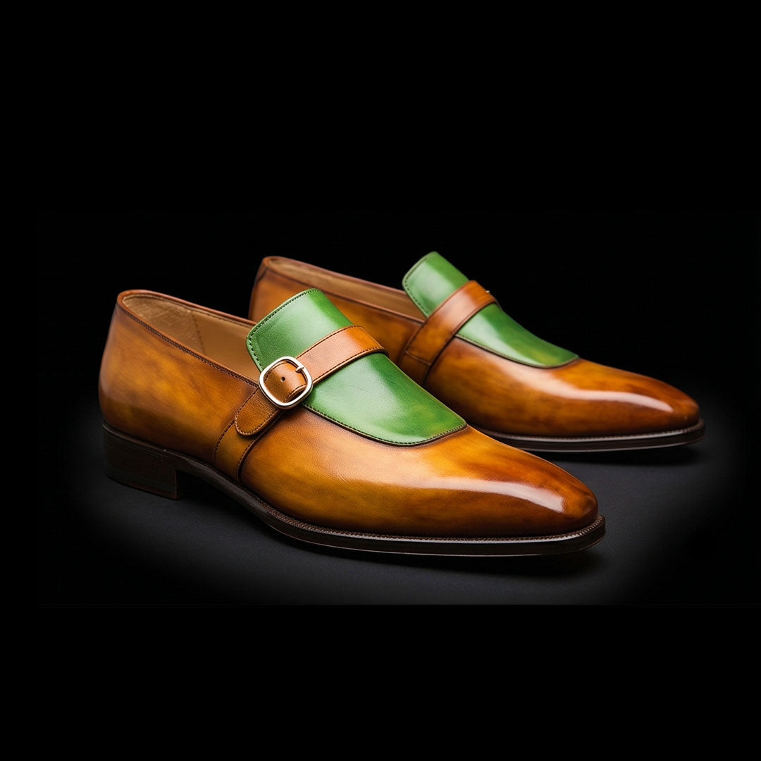 Men's Brown & Green Leather Monk Buckle Dress Loafers