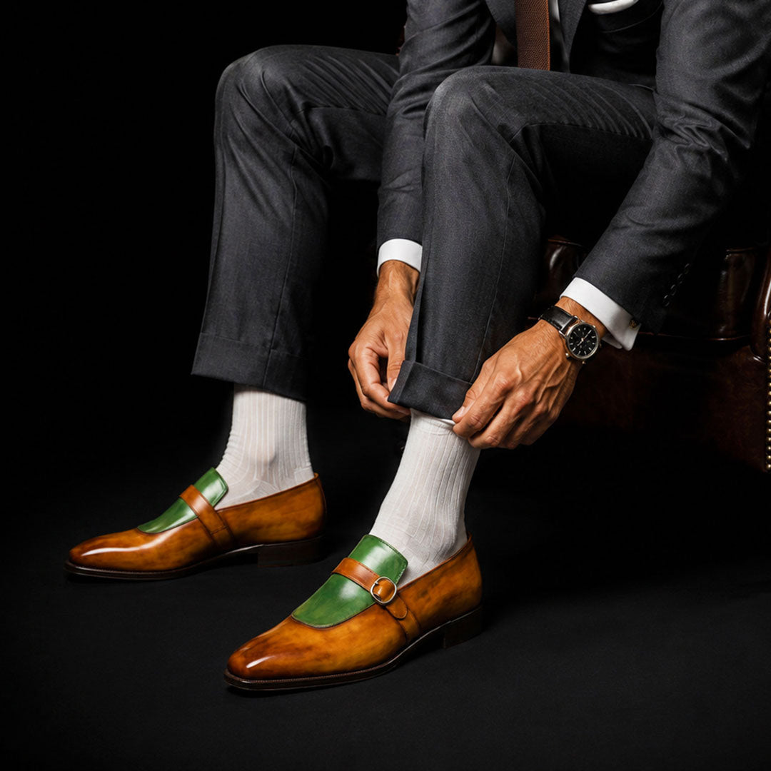Men's Brown & Green Leather Monk Buckle Dress Loafers