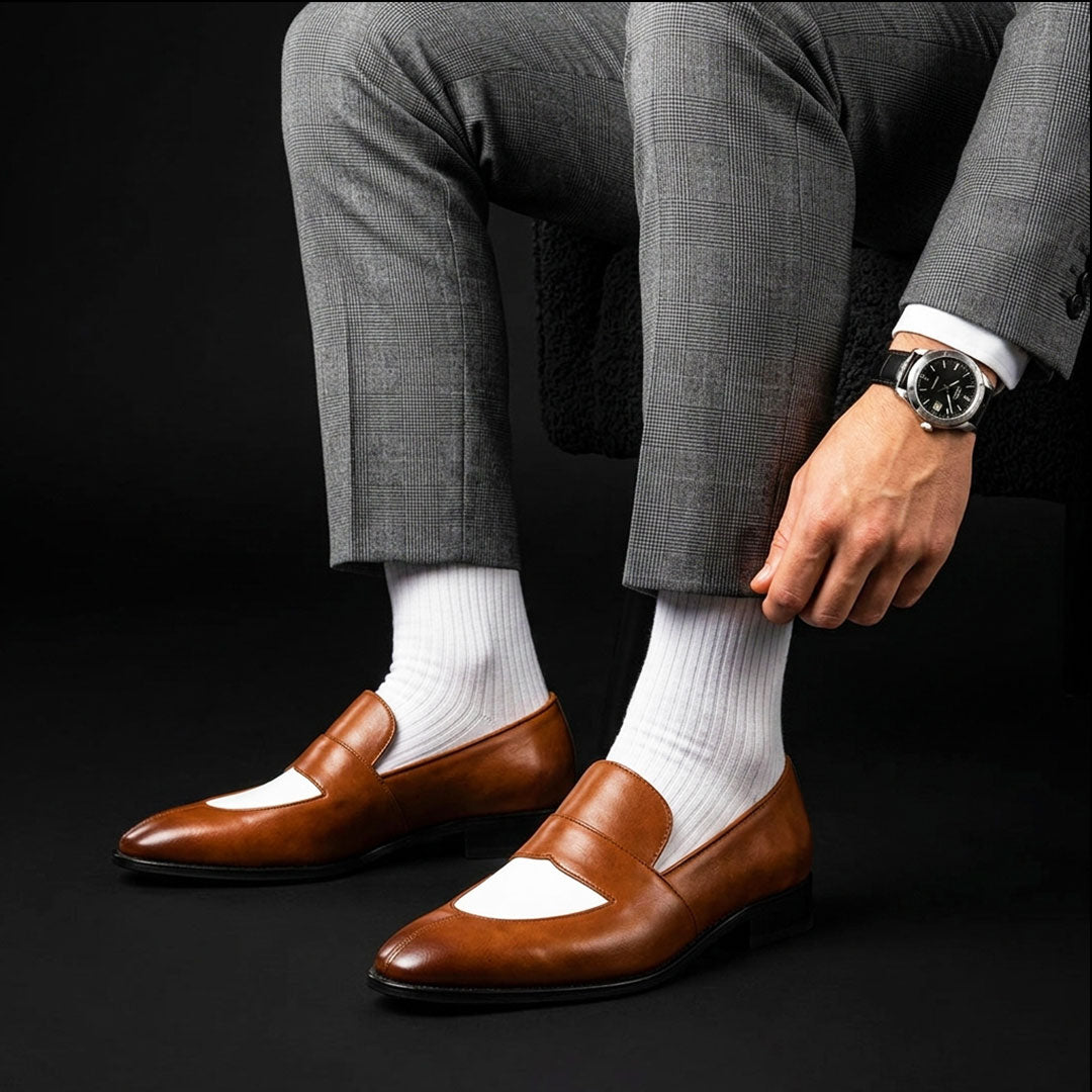 Men's Brown & White Leather Penny Loafers