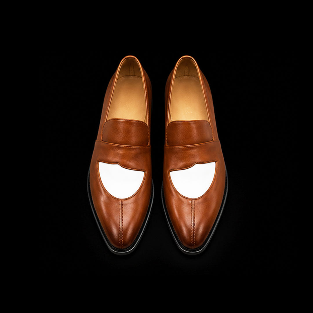 Men's Brown & White Leather Penny Loafers