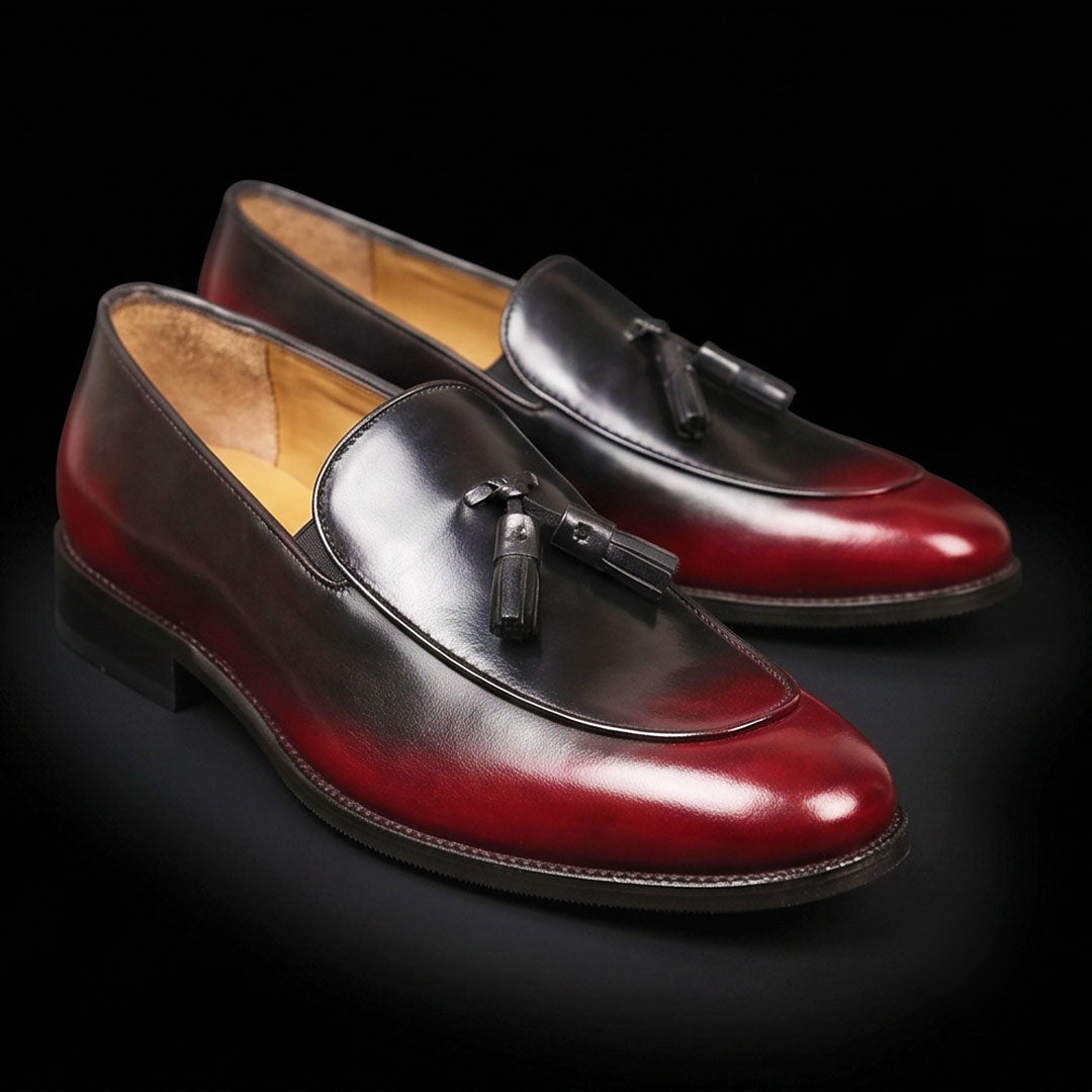 Men's Burgundy Hand Painted Leather Tassel Loafers