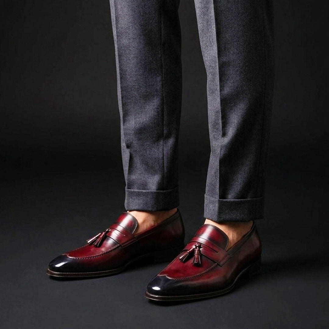Men's Burgundy Hand Painted Leather Tassel Loafers