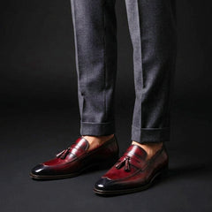 Men's Burgundy Hand Painted Leather Tassel Loafers