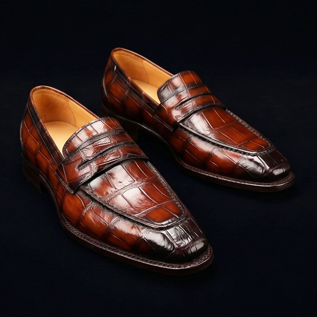Men's Burgundy Patina Leather Penny Loafers