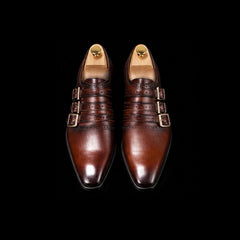 Men's Dark Brown Patina Leather Triple Monk Shoes