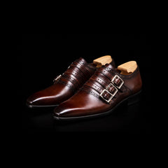Men's Dark Brown Patina Leather Triple Monk Shoes