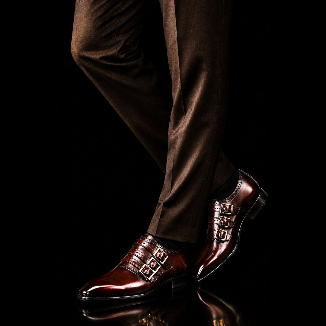 Men's Dark Brown Patina Leather Triple Monk Shoes