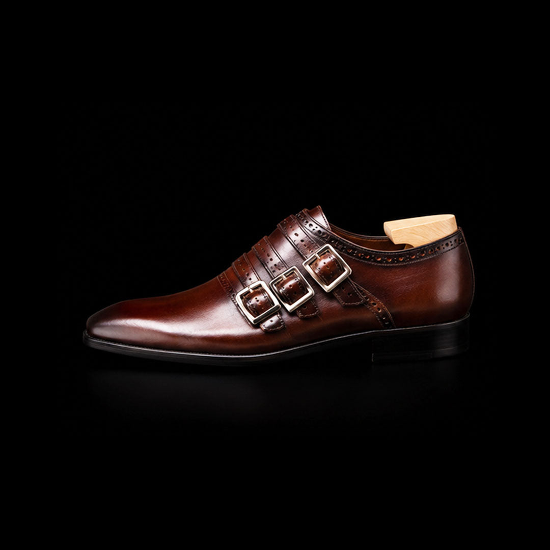 Men's Dark Brown Patina Leather Triple Monk Shoes