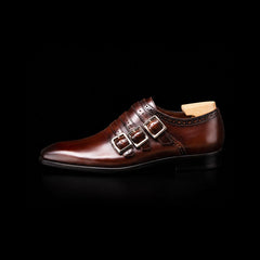 Men's Dark Brown Patina Leather Triple Monk Shoes
