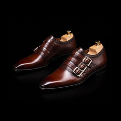 Men's Dark Brown Patina Leather Triple Monk Shoes