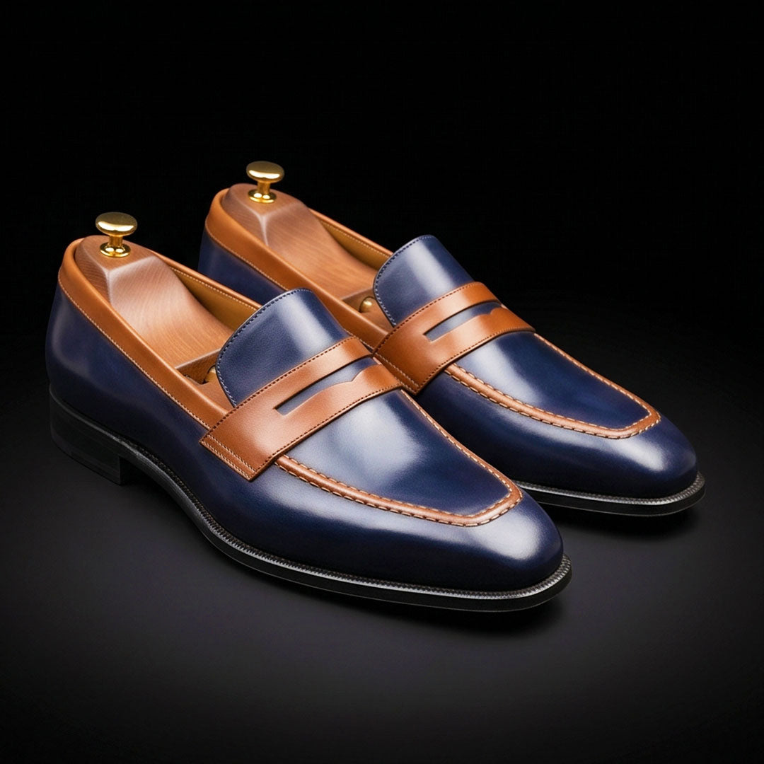Men's Dual Tone Blue & Brown Leather Penny Loafers