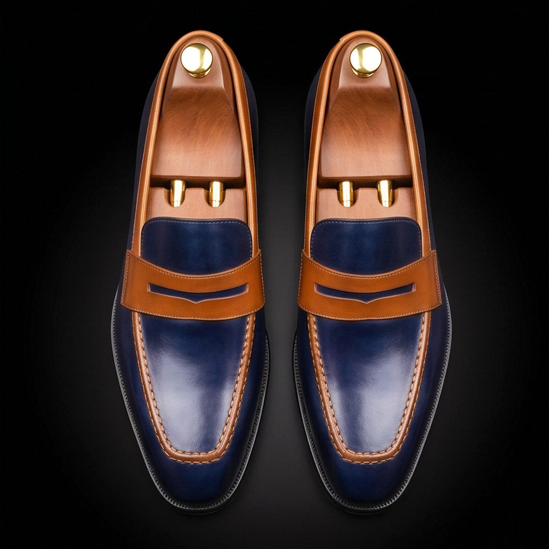 Men's Dual Tone Blue & Brown Leather Penny Loafers