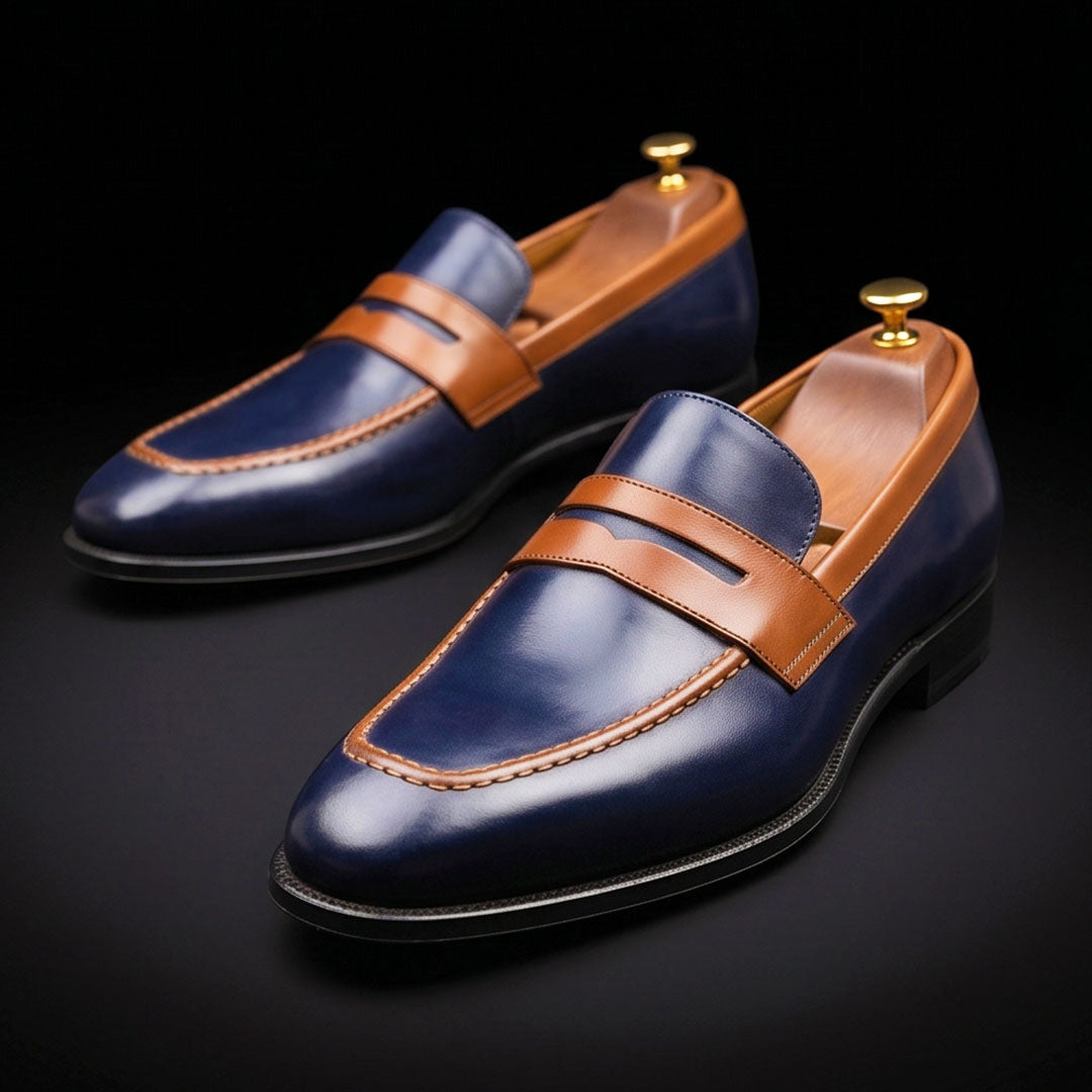 Men's Dual Tone Blue & Brown Leather Penny Loafers