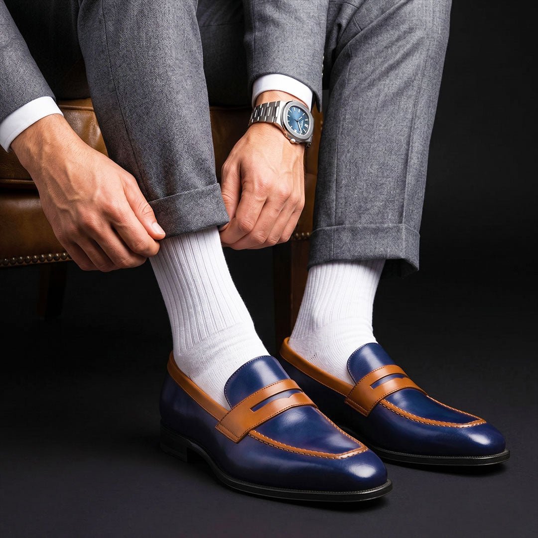 Men's Dual Tone Blue & Brown Leather Penny Loafers