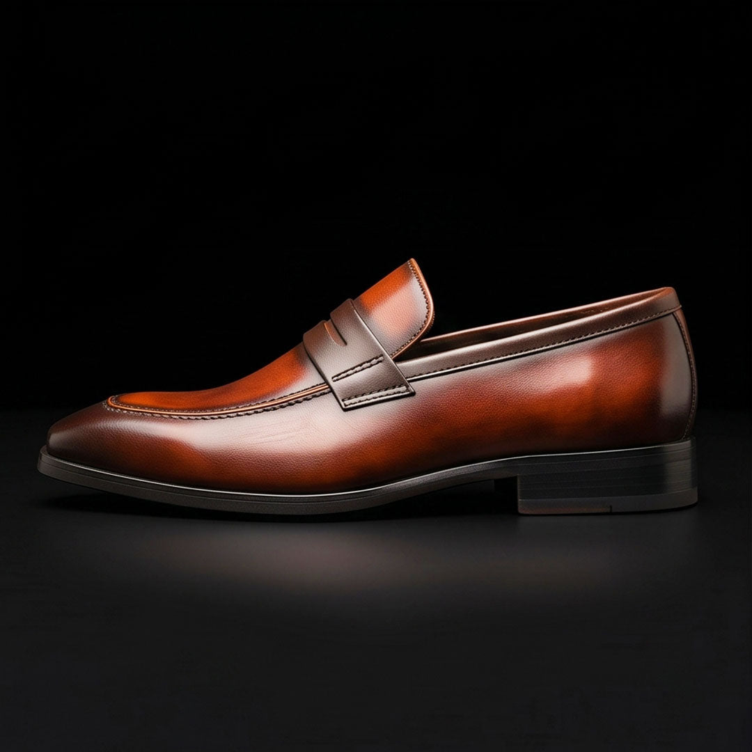 Men's Dual Tone Brown Patina Leather Penny Loafers