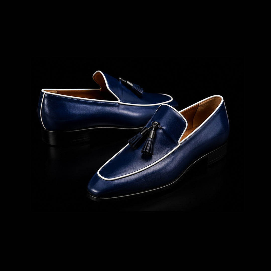Men's Navy Blue Leather Tasseled Moccasin Loafers