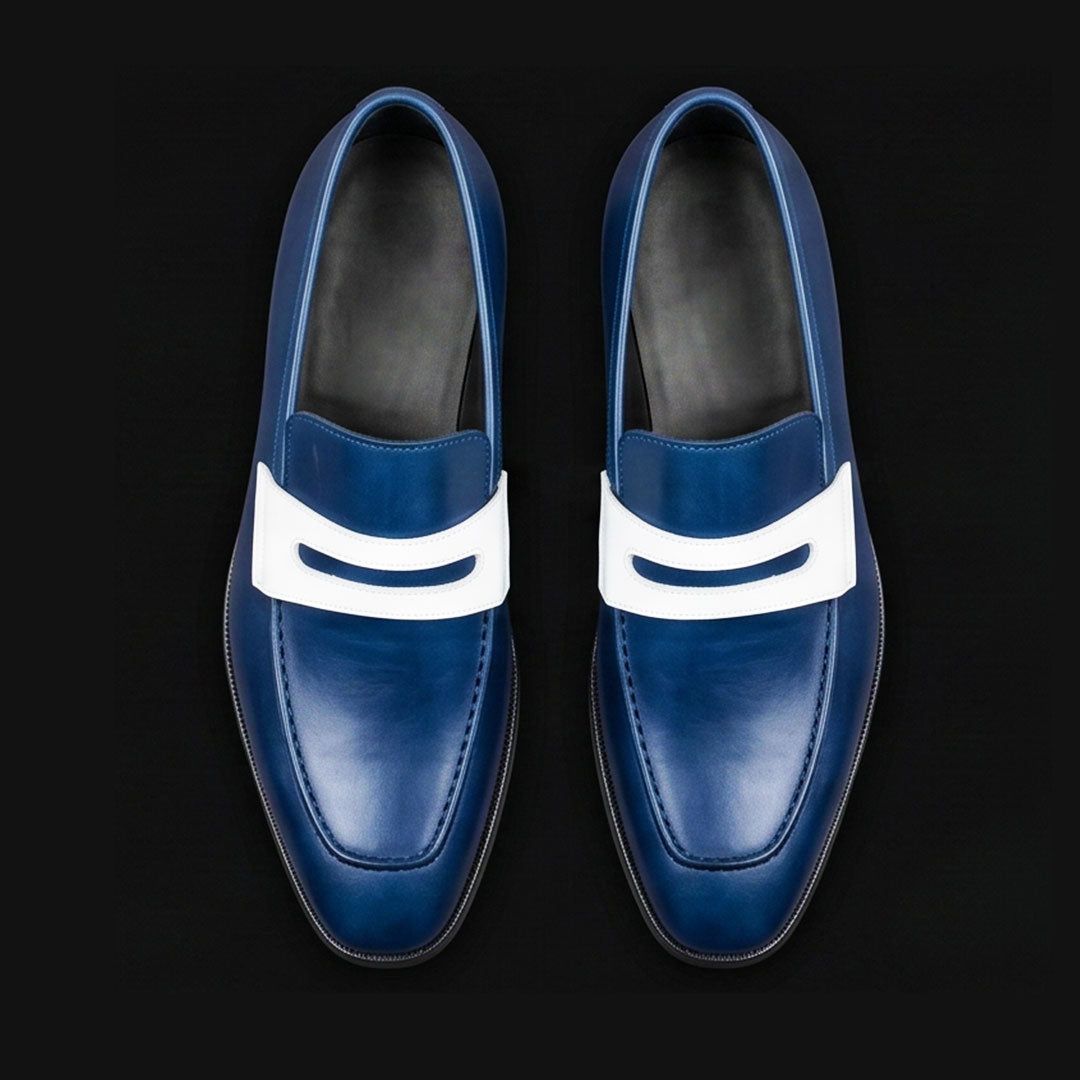Men's Navy Blue & White Leather Penny Loafers