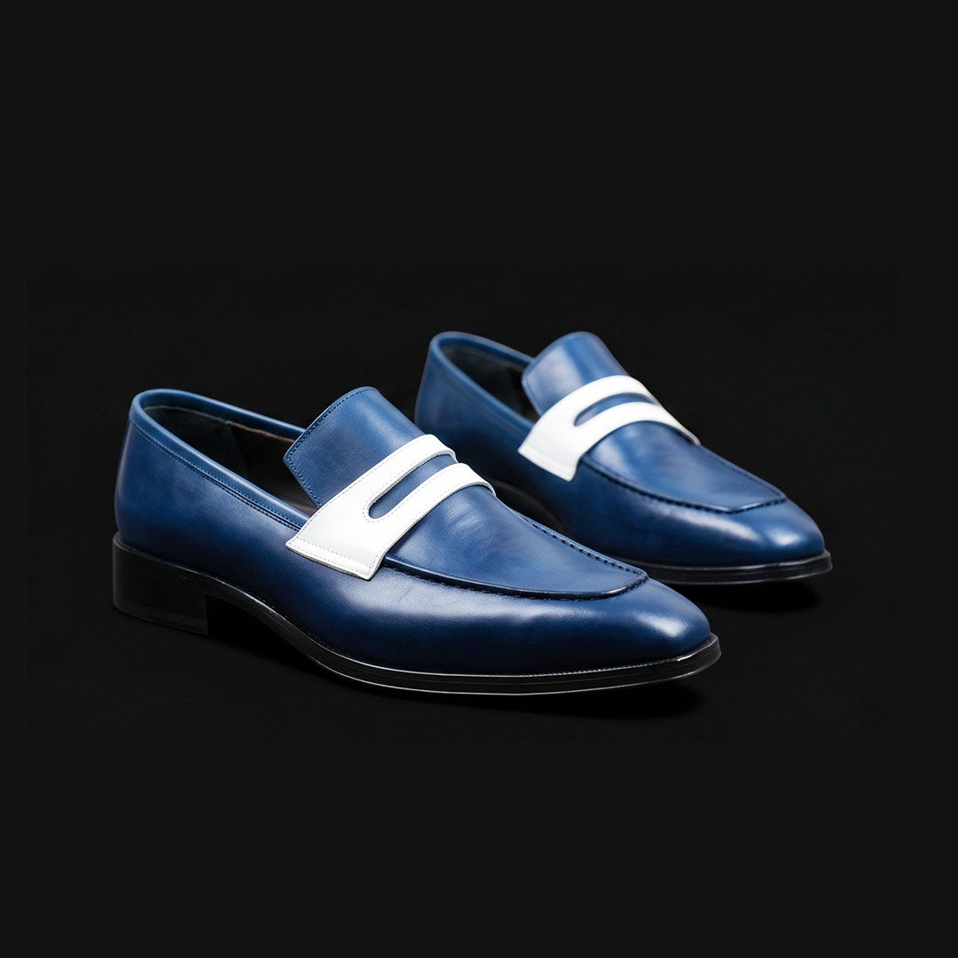 Men's Navy Blue & White Leather Penny Loafers