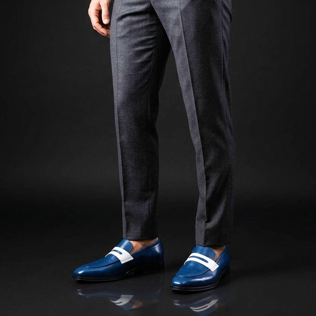 Men's Navy Blue & White Leather Penny Loafers
