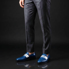 Men's Navy Blue & White Leather Penny Loafers