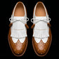 Men's Tan Brown & White Leather Fringed Wingtip Shoes
